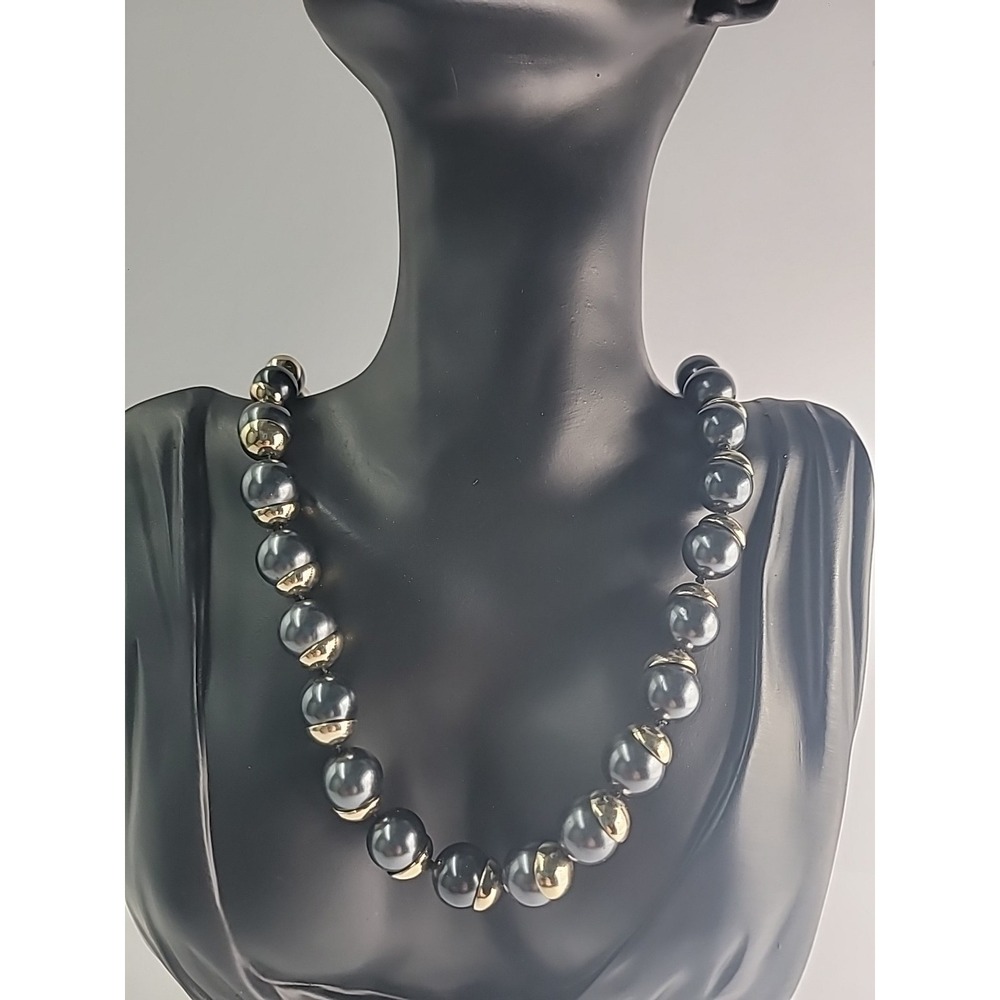 Vintage Coldwater Creek Gray Faux Pearl Necklace Gold Tone Spacer Beads Elegant